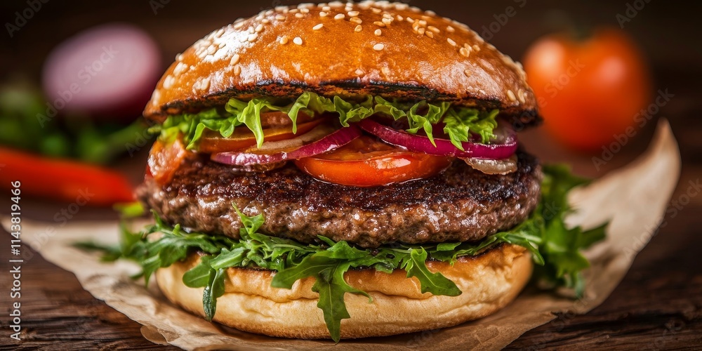 Handmade hamburger displayed on a rustic wood table, showcasing the art of crafting a delicious handmade hamburger with fresh ingredients and attention to detail. Handmade hamburger displayed on a rustic wood table, showcasing the art of crafting a delicious handmade hamburger with fresh ingredients and attention to detail.