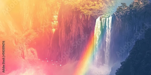 Wallpaper Mural Cliff at a waterfall featuring a vibrant rainbow at its base, showcasing the natural beauty and stunning scenery that a cliff and waterfall can create in a picturesque environment. Torontodigital.ca