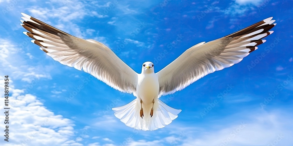 Obraz premium Seagull soaring gracefully with open wings against a bright blue sky, embodying the beauty of nature. Witness the elegance of a seagull in flight under the expansive blue sky.
