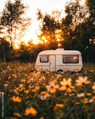 Vintage Caravan in Flower Field at Sunset Under Golden Light