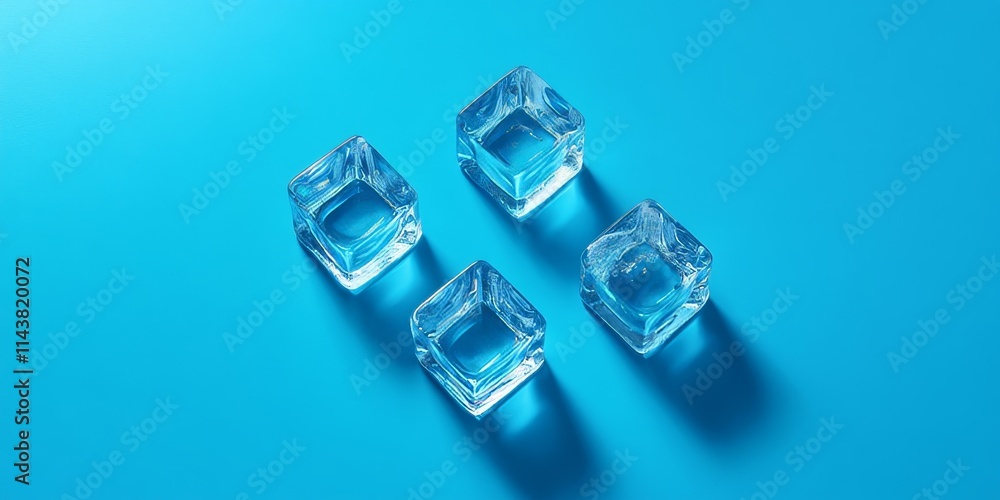 Four ice cubes with a blue hue are set against a matching blue background. This top view showcases the unique appearance of these ice cubes in a visually appealing way. Four ice cubes with a blue hue are set against a matching blue background. This top view showcases the unique appearance of these ice cubes in a visually appealing way.