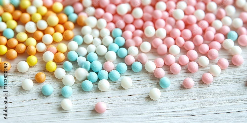Obraz premium Dragees in various colors showcase sugar coated pills beautifully arranged on a white wooden background, highlighting the allure and appeal of these delightful dragees.