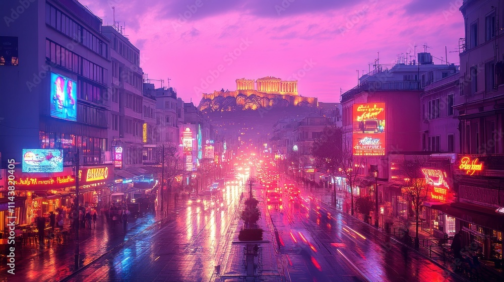 Obraz premium Cityscape at dusk with vibrant lights and historical site.