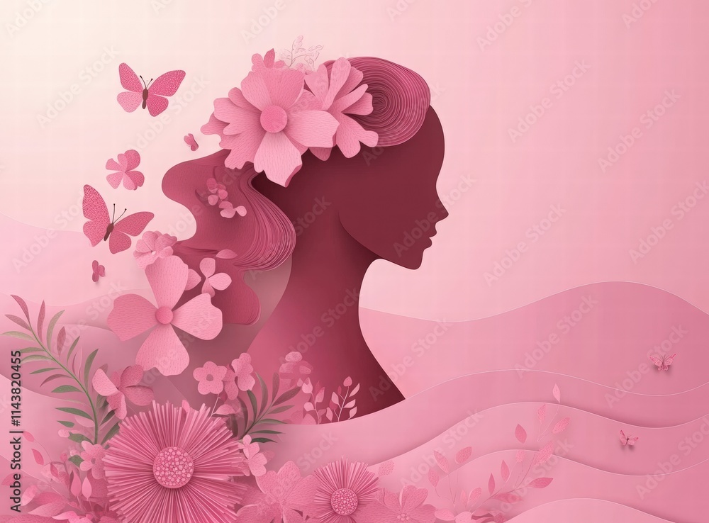 Bright pink background with paper-cut silhouette of a woman and child for Cancer Awareness Month. Breast Cancer Awareness Month. cancer awareness month banner with silhouettes and flowers in the shape Bright pink background with paper-cut silhouette of a woman and child for Cancer Awareness Month. Breast Cancer Awareness Month. cancer awareness month banner with silhouettes and flowers in the shape
