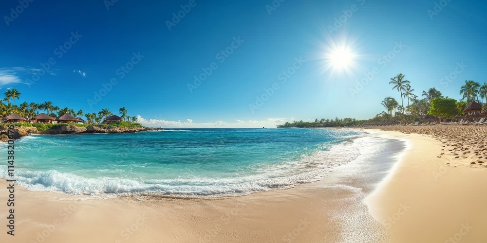 Panoramic landscape view showcasing a sandy beach with sunlight, highlighting the allure of a tropical luxury hotel resort experience on the pristine shoreline. Panoramic landscape view showcasing a sandy beach with sunlight, highlighting the allure of a tropical luxury hotel resort experience on the pristine shoreline.
