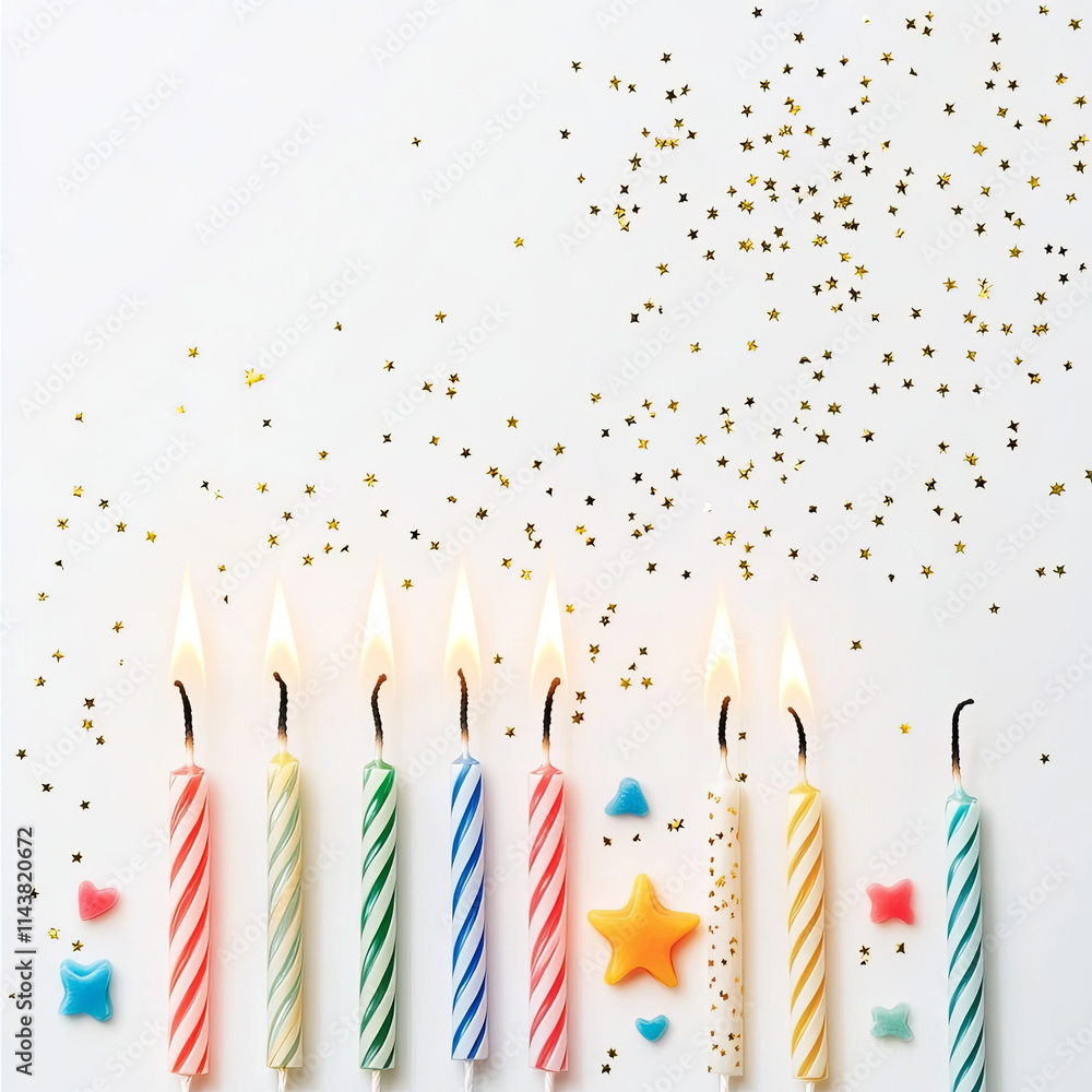 Colorful birthday candles with flames, surrounded by golden stars and decorative candies, create festive atmosphere for celebrations Colorful birthday candles with flames, surrounded by golden stars and decorative candies, create festive atmosphere for celebrations