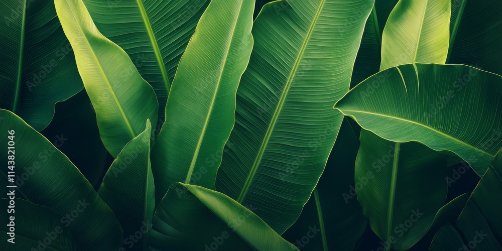 Obraz premium Abstract background featuring vibrant green banana leaves, perfect for design purposes. This banana leaf background offers a fresh and natural aesthetic suitable for creative projects.