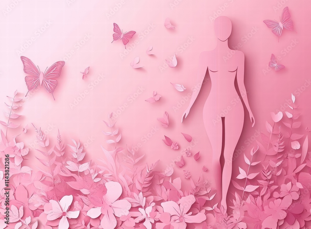 Bright pink background with paper-cut silhouette of a woman and child for Cancer Awareness Month. Breast Cancer Awareness Month. cancer awareness month banner with silhouettes and flowers in the shape Bright pink background with paper-cut silhouette of a woman and child for Cancer Awareness Month. Breast Cancer Awareness Month. cancer awareness month banner with silhouettes and flowers in the shape