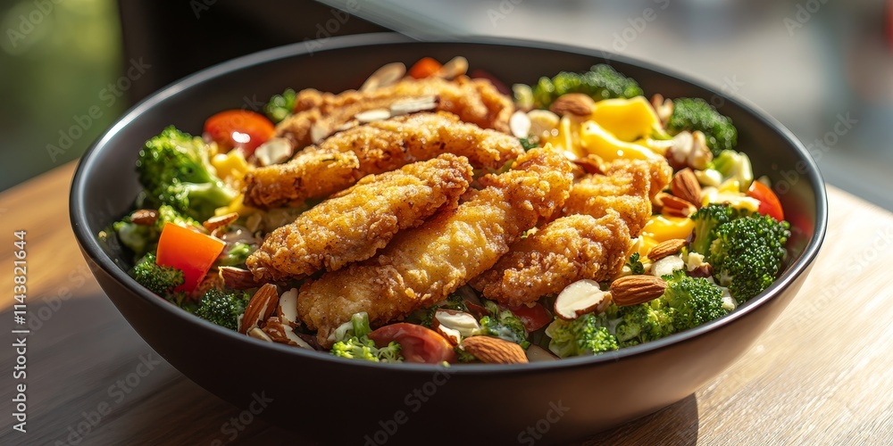 Crispy fried chicken tenders served alongside a fresh broccoli salad featuring cheddar cheese, tomatoes, and toasted almonds in a black bowl on a wooden table, showcasing a delightful landscape view. Crispy fried chicken tenders served alongside a fresh broccoli salad featuring cheddar cheese, tomatoes, and toasted almonds in a black bowl on a wooden table, showcasing a delightful landscape view.