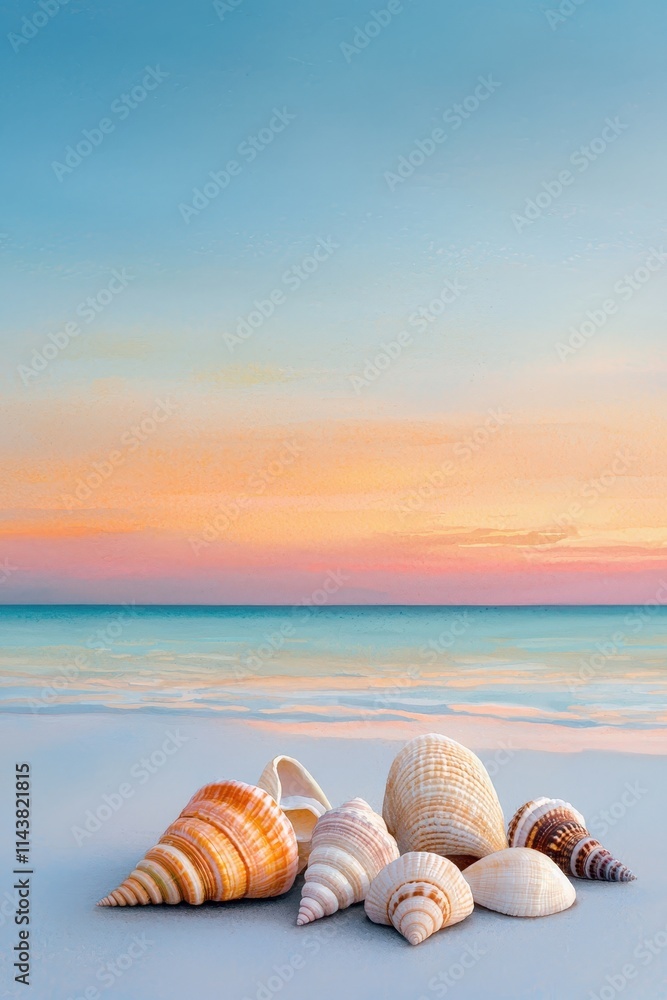 A peaceful beach sunset with seashells scattered along the shore A peaceful beach sunset with seashells scattered along the shore