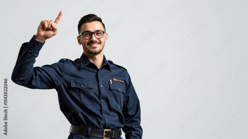 A dashing young sailor gazes up, right hand raised, with a hint of a smile on his rugged features, donning sleek black glasses and dark hair in a navy blue uniform A dashing young sailor gazes up, right hand raised, with a hint of a smile on his rugged features, donning sleek black glasses and dark hair in a navy blue uniform