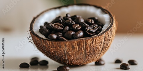 Half coconut shell filled with freshly brewed black coffee beans, showcasing the unique combination of coconut and coffee, perfect for illustrating a tropical coffee experience. photo