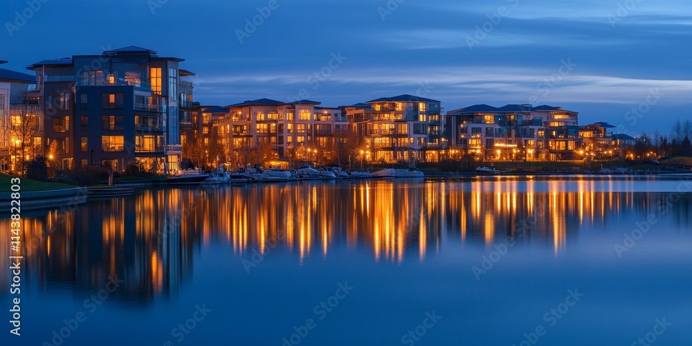 Obraz premium The vibrant lights of stylish condos create a stunning reflection on the serene waters of a tranquil lake, showcasing the beauty of modern living by the water in a picturesque setting.