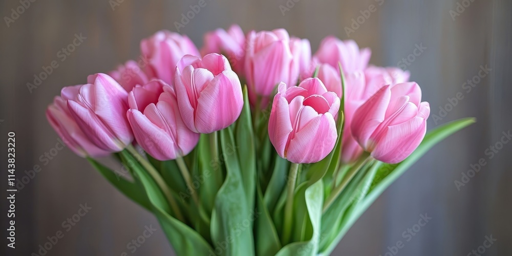 Fototapeta premium Elegant bouquet of vibrant pink tulips arranged in a vase, showcasing the beauty of pink tulips and adding a touch of charm to any setting with these lovely pink tulips.