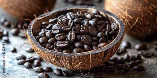 Half coconut shell filled with freshly brewed black coffee beans, showcasing the unique combination of coconut and coffee, perfect for illustrating a tropical coffee experience. photo