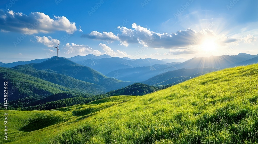 Obraz premium Stunning panoramic view of a lush green meadow nestled between majestic mountains with a vibrant blue sky and sun shining brightly over the picturesque scene