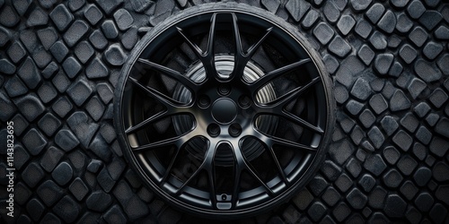 Rubber wheel made of durable car rubber showcases its design against a textured rubber background, highlighting the versatility and strength of car rubber materials for various applications. photo