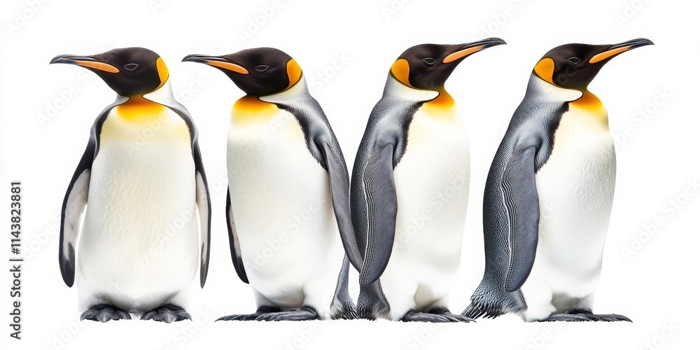Obraz premium Emperor penguins displayed against a pure white background, showcasing the distinct features of these fascinating emperor penguins in a striking isolated presentation.