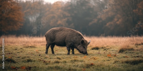 Boar grazing in a paddock on a farm, showcasing the boar s natural behavior and characteristics, providing insight into farm life and livestock management with this boar in a serene setting. photo