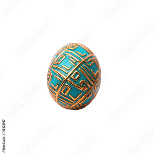 A vibrant, patterned egg featuring intricate golden designs against a rich turquoise surface. photo