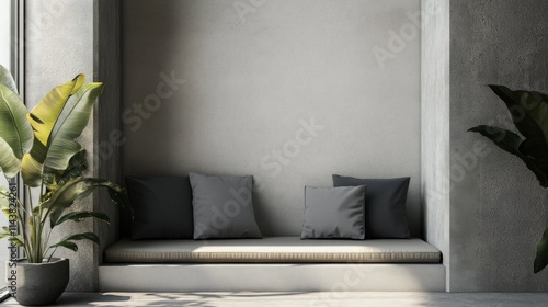 Minimalist sunlit alcove with beige cushions, grey pillows, and potted plants.