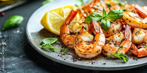 Grilled shrimp and prawns prepared in a seafood style, featuring fresh shrimp elegantly served on a plate, showcasing the delicious appeal of shrimp in culinary presentations.