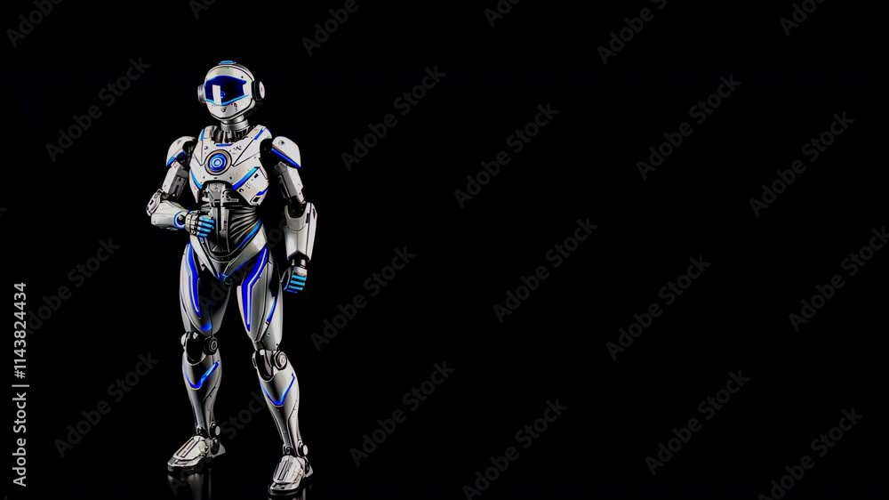 Futuristic humanoid robot gesturing on a black background. A sleek humanoid robot with metallic and blue highlights poses confidently, making a gesture against a minimalistic black background. 