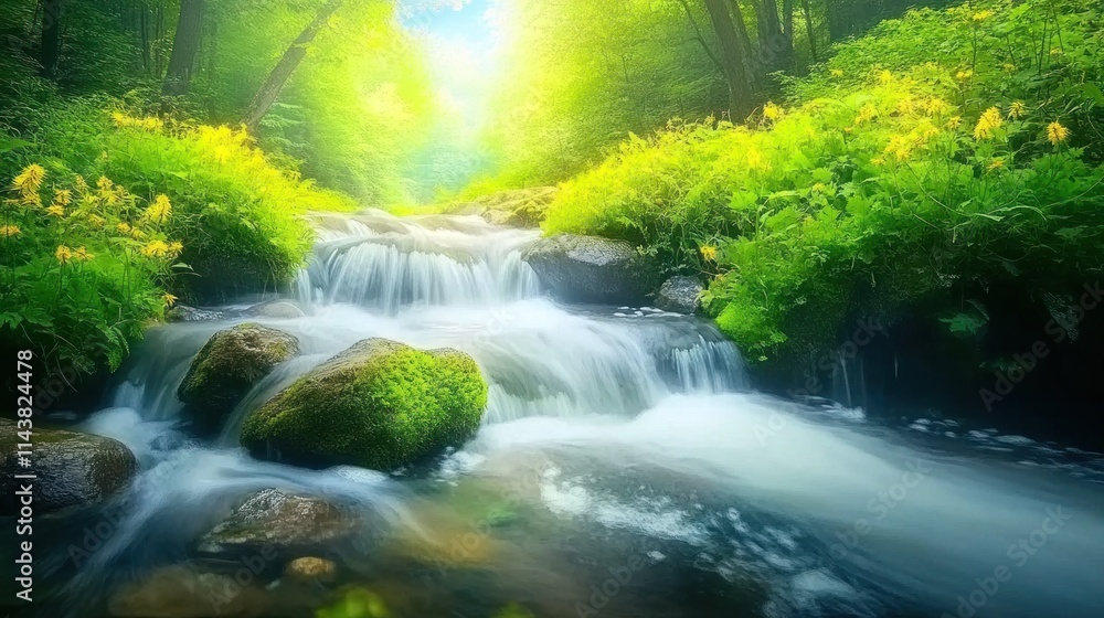 Serene waterfall cascading through lush green forest. Serene waterfall cascading through lush green forest.