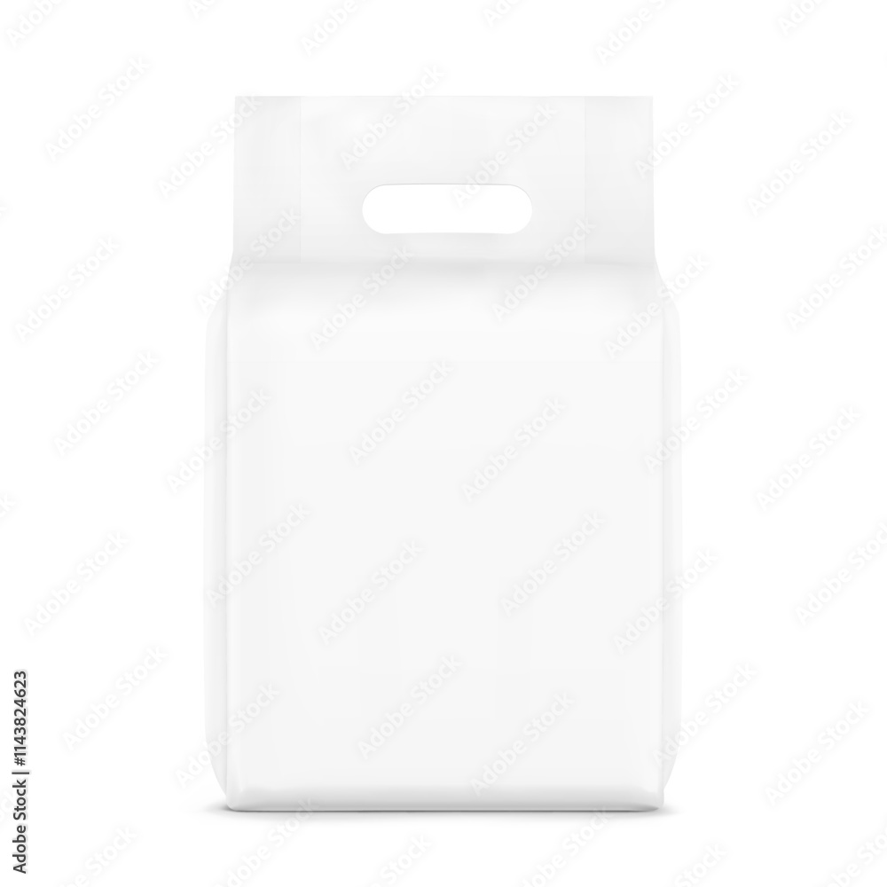 Realistic stand bag with hole handle mockup. Front view. Vector illustration isolated on white background. Ready for your design. EPS10. Realistic stand bag with hole handle mockup. Front view. Vector illustration isolated on white background. Ready for your design. EPS10.