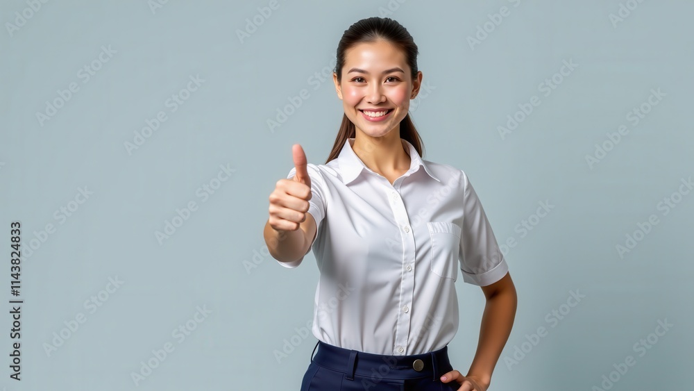 A radiant young Asian woman with bright smile, dark hair styled back in sleek ponytail, radiates warmth in crisp white shirt and navy blue pants A radiant young Asian woman with bright smile, dark hair styled back in sleek ponytail, radiates warmth in crisp white shirt and navy blue pants