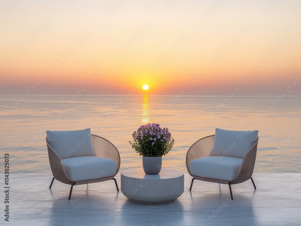 Fototapeta premium Sunrise Serenity Coastal Relaxation Two Chairs and a Table Overlooking the Ocean at Dawn