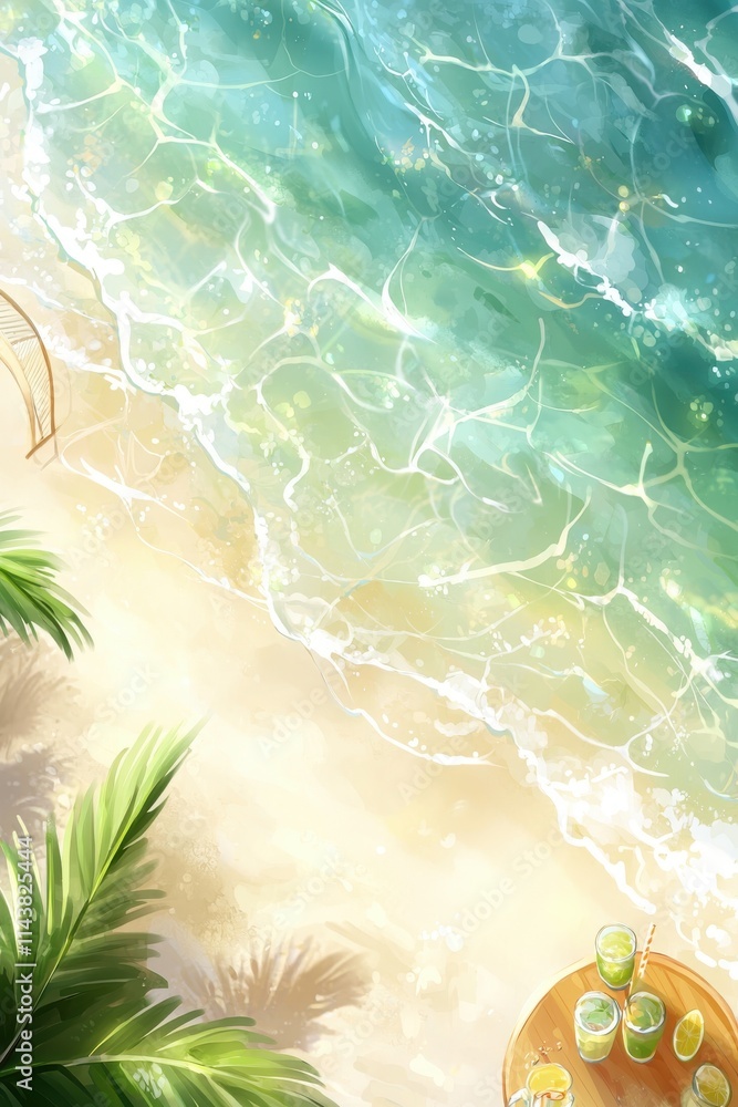 Naklejka premium Refreshing beach cocktails tropical shore digital art vibrant water aerial view relaxation concept
