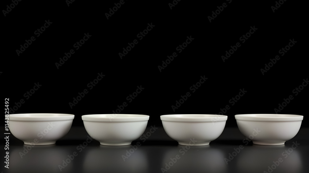 Minimalist White Bowls: Five pristine white bowls stand in a row against a dark backdrop, their smooth curves reflecting the light. A simple yet elegant arrangement. Minimalist White Bowls: Five pristine white bowls stand in a row against a dark backdrop, their smooth curves reflecting the light. A simple yet elegant arrangement.