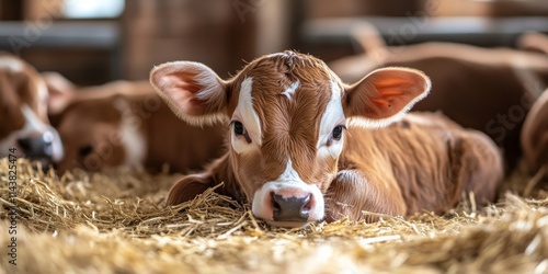 Adorable young calves in a cowshed, showcasing the charm of calves on a dairy farm. These calves rest on straw bedding, highlighting the sweetness of newborn baby cows in a farm setting.