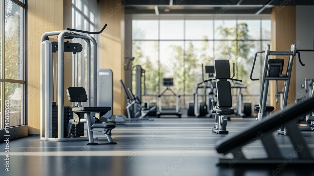 Modern gym interior with sunlight streaming through large windows, showcasing various fitness equipment. Modern gym interior with sunlight streaming through large windows, showcasing various fitness equipment.