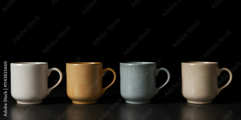 A Row of Mugs: A minimalist composition showcasing five ceramic mugs, each with a unique glaze, arranged in a row against a dramatic black background. A Row of Mugs: A minimalist composition showcasing five ceramic mugs, each with a unique glaze, arranged in a row against a dramatic black background.