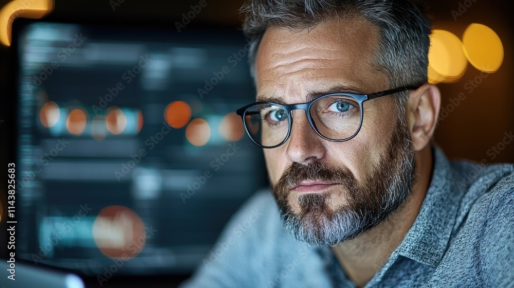 Thoughtful Middle Aged Corporate Executive Carefully Examining Computer Display While Pondering Business Strategy or Problem Solving in Office Setting Thoughtful Middle Aged Corporate Executive Carefully Examining Computer Display While Pondering Business Strategy or Problem Solving in Office Setting