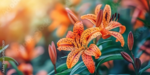 Fototapeta Naklejka Na Ścianę i Meble -  Vibrant Tiger Lily blooming in a lush garden during summer, showcasing the beauty of nature with striking Tiger Lily flowers in full bloom amidst greenery in a sunny setting.