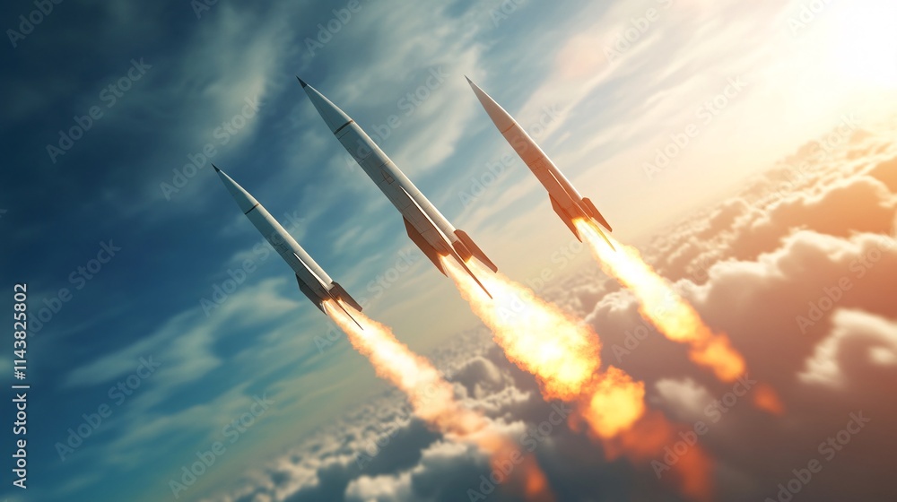 Naklejka premium Three rockets launch into the sky, leaving vibrant trails of flame against a stunning cloud backdrop.