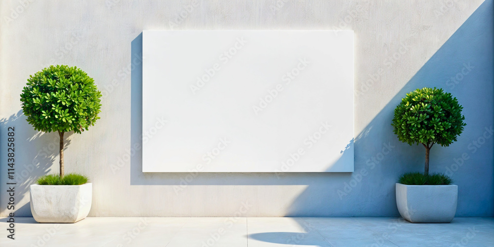 Fototapeta premium Modern outdoor space with small trees and blank wall inviting creativity