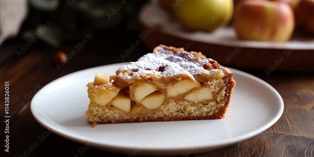 A delicious slice of apple hazelnut cake presented on a white plate, highlighting the flavors of apple and hazelnut in an irresistible dessert that tempts every dessert lover. A delicious slice of apple hazelnut cake presented on a white plate, highlighting the flavors of apple and hazelnut in an irresistible dessert that tempts every dessert lover.