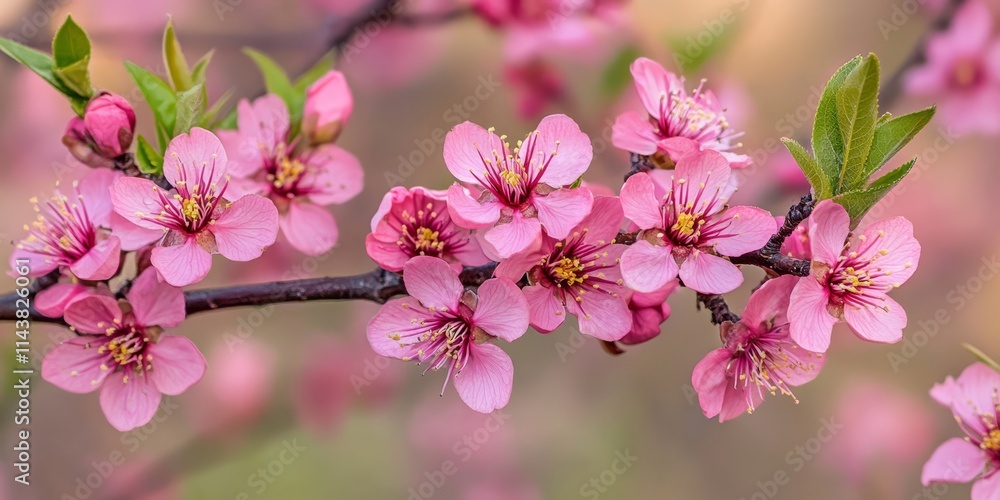 Obraz premium Pink flowers bloom on an almond tree branch during spring, creating a stunning display. The vibrant pink flowers of the almond tree branch enhance the beauty of the spring season.