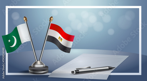 Pakistan and EGYPT National flags on small table with bokeh background, cooperative relationship