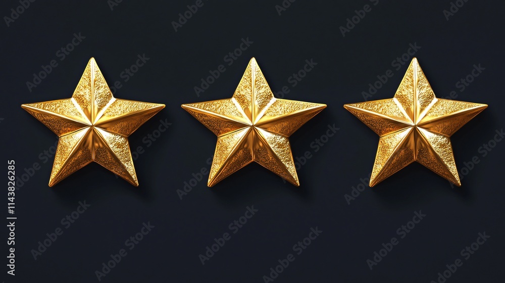 Three golden stars arranged in a row against a dark background, showcasing a shiny, textured surface. Three golden stars arranged in a row against a dark background, showcasing a shiny, textured surface.