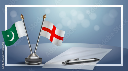 Pakistan and England National flags on small table with bokeh background, cooperative relationship