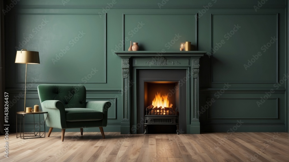 Green room interior with fireplace and armchair Green room interior with fireplace and armchair
