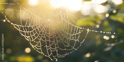 Morning light illuminates a spider web adorned with water spray, creating a stunning display of nature s beauty. The intricate spider web glistens as sunlight catches the water droplets. photo