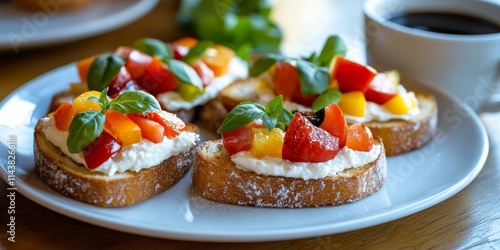 Fototapeta Naklejka Na Ścianę i Meble -  Delightful breakfast featuring tasty bruschetta crostini toasts topped with cream cheese, fresh vegetables, and fruits, complemented by a cup of black coffee for a healthy start to the day.