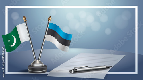 Pakistan and Estonia National flags on small table with bokeh background, cooperative relationship
