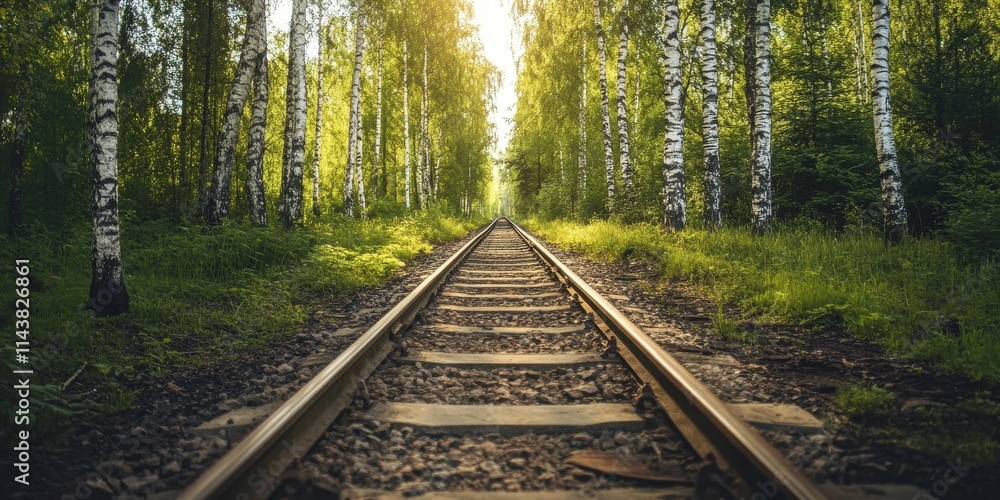 Fototapeta premium Summer railroad tracks surrounded by a birch forest create a picturesque scene. This vintage effect enhances the charm of the railroad tracks amidst nature s beauty in the summertime.